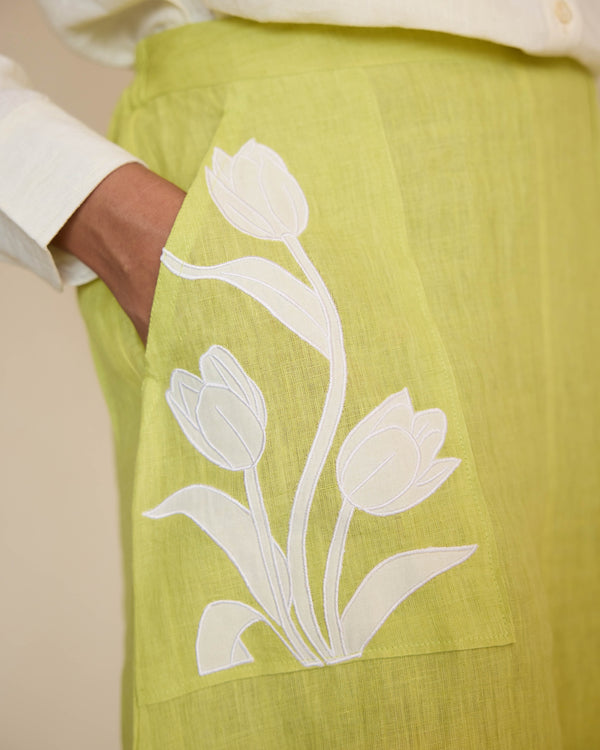 Green skirt and off white linen shirt set