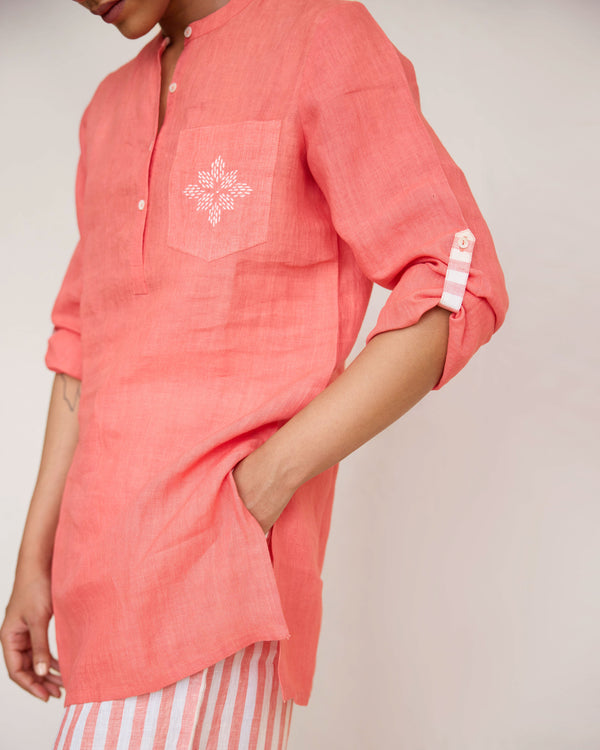 Peach linen short kurta pant set