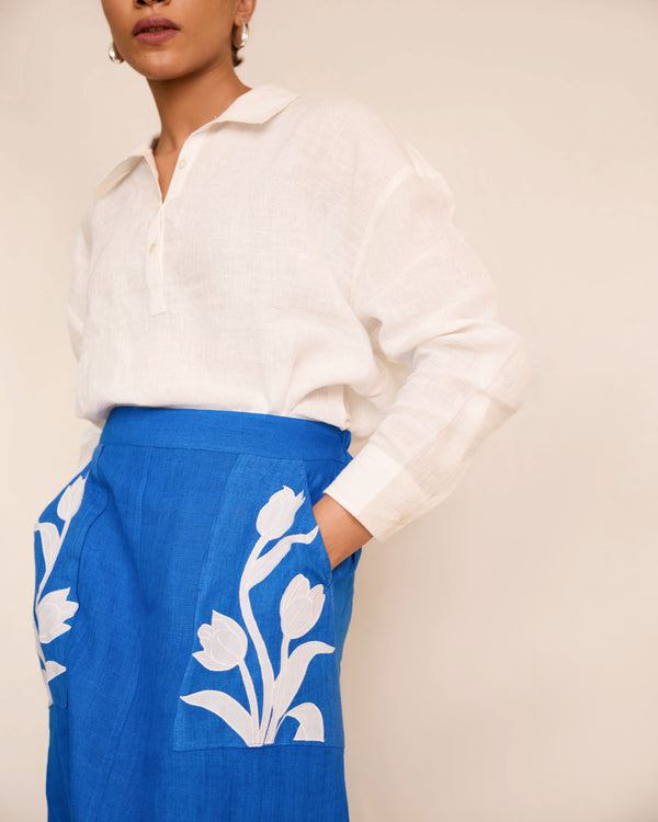 Blue skirt and off white linen shirt set
