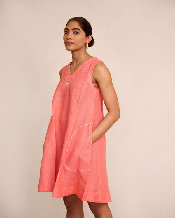 Peach linen plain dress