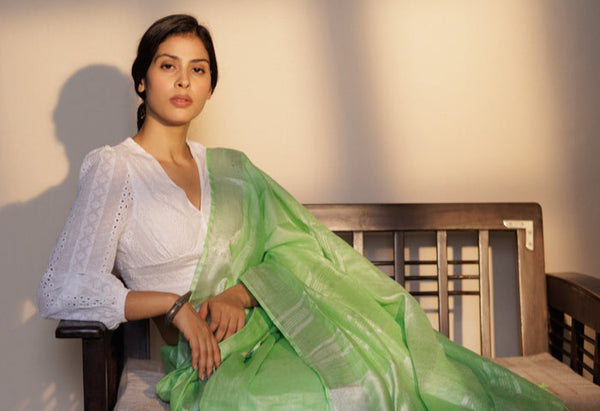 Plain green linen saree