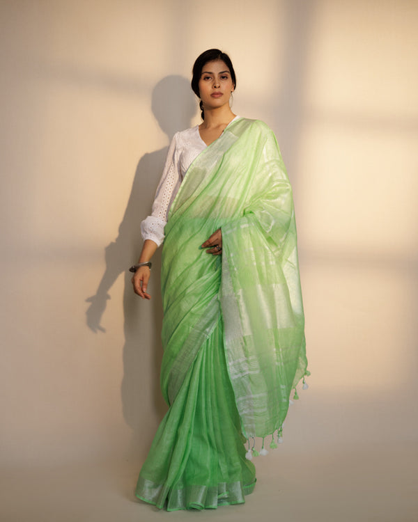 Plain green linen saree