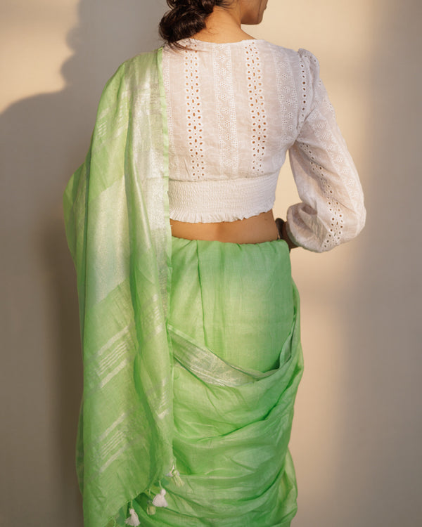 Plain green linen saree