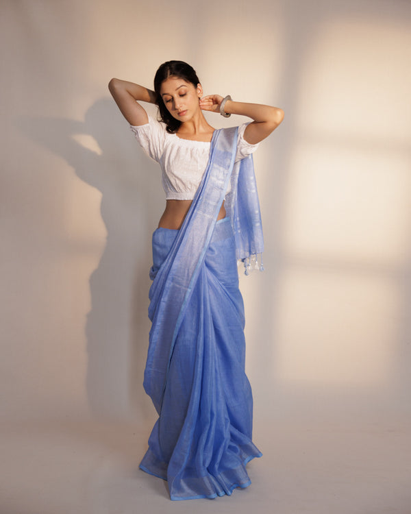 Plain sky blue linen saree (20 days shipping time)