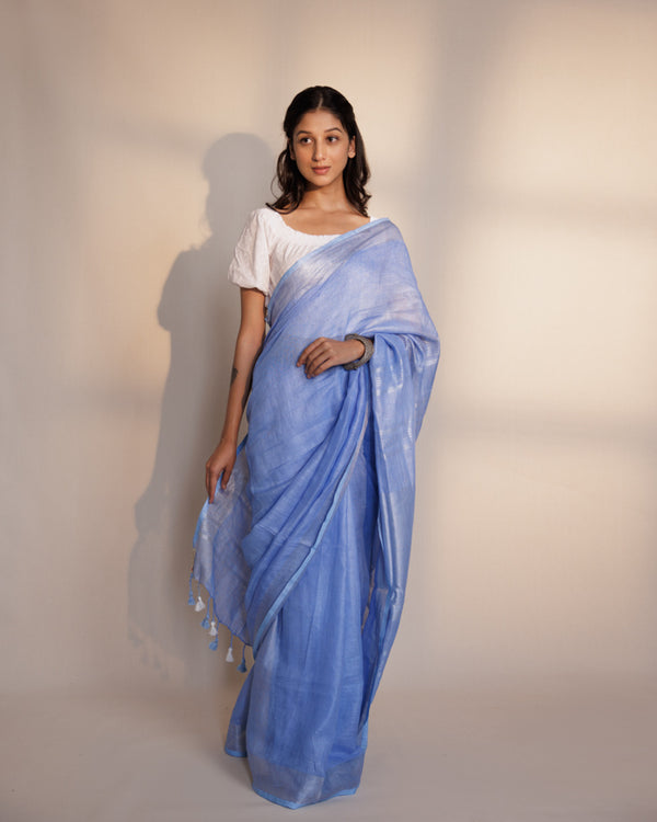 Plain sky blue linen saree (20 days shipping time)