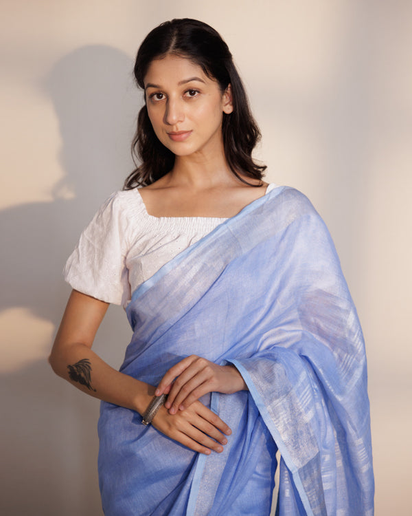 Plain sky blue linen saree (20 days shipping time)