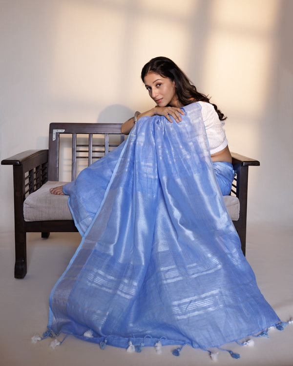 Plain sky blue linen saree (20 days shipping time)