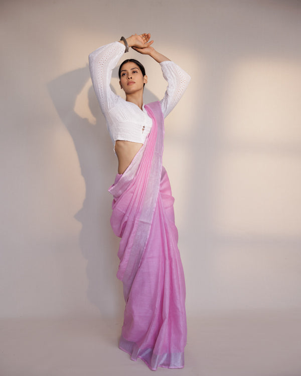 Plain baby pink linen saree
