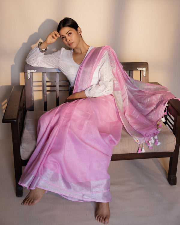 Plain baby pink linen saree