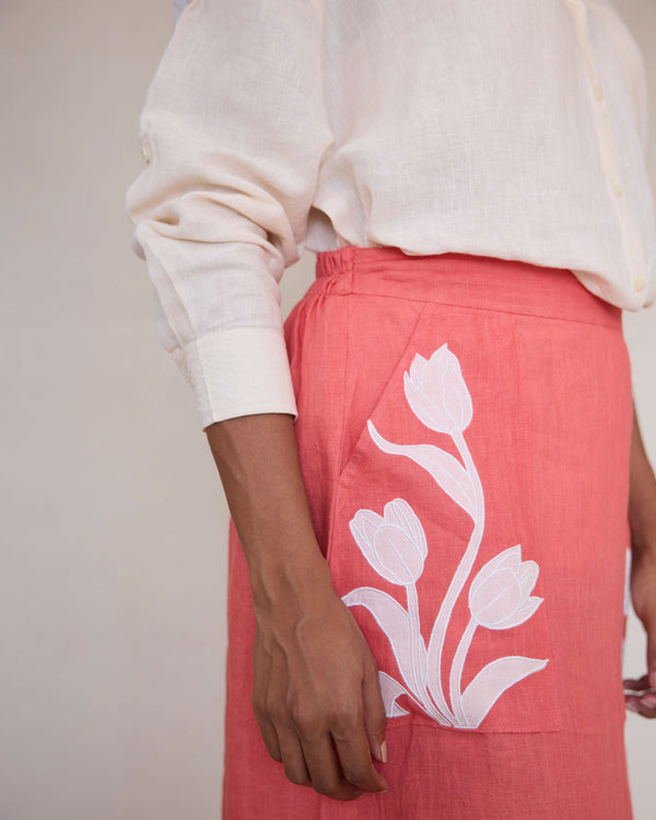 Peach skirt and off white linen shirt set