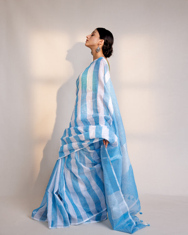 Blue white stripe linen saree