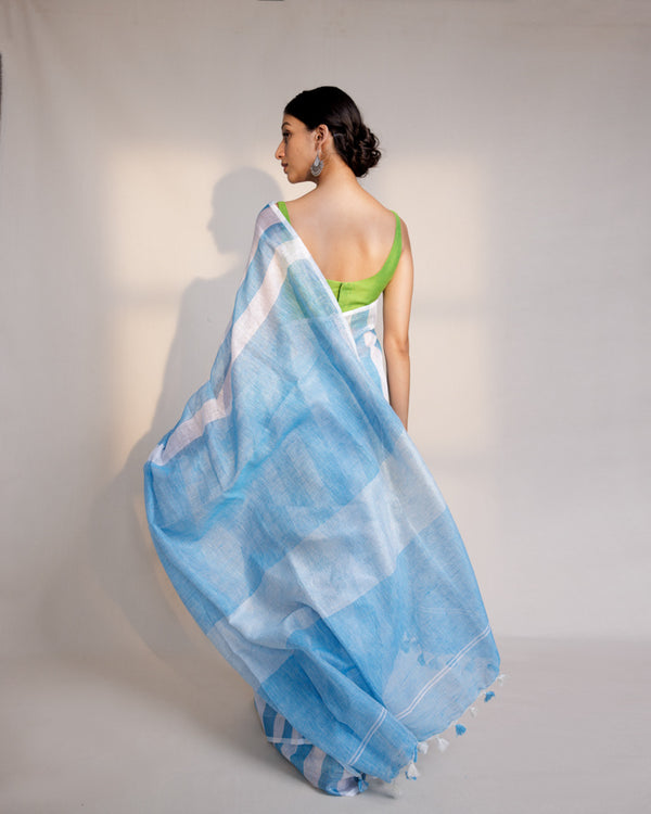 Blue white stripe linen saree