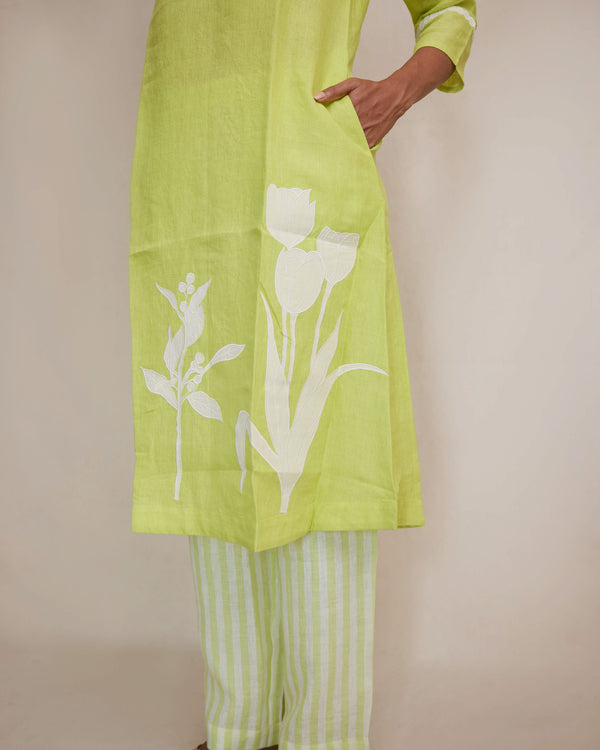 Green linen Applique kurta set