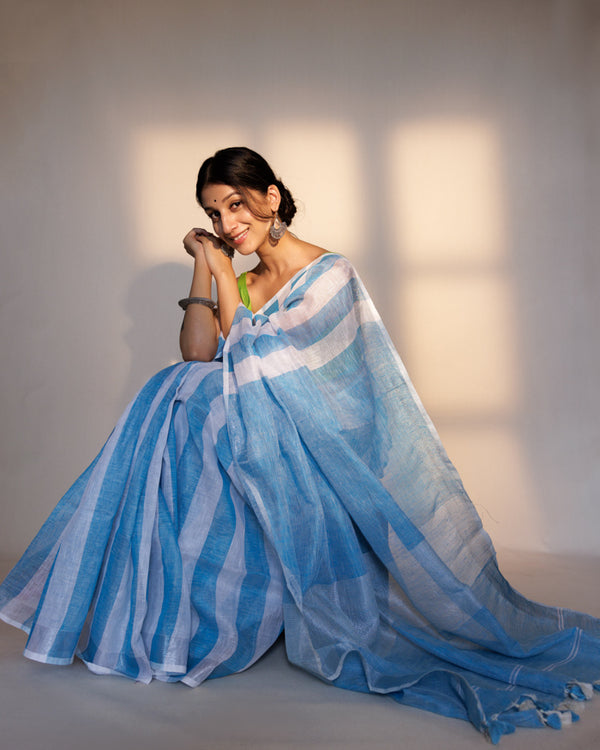 Blue white stripe linen saree