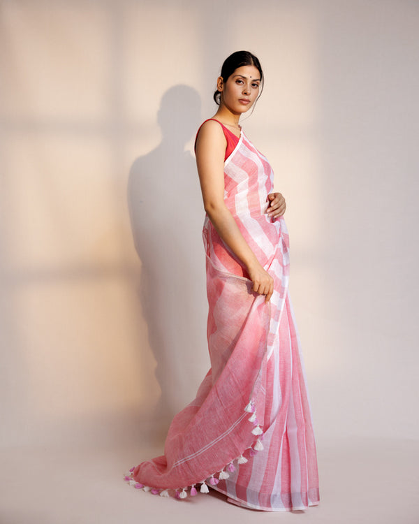 Peach white stripe linen saree