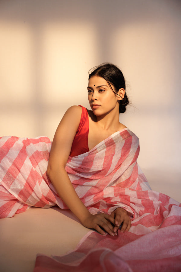 Peach white stripe linen saree