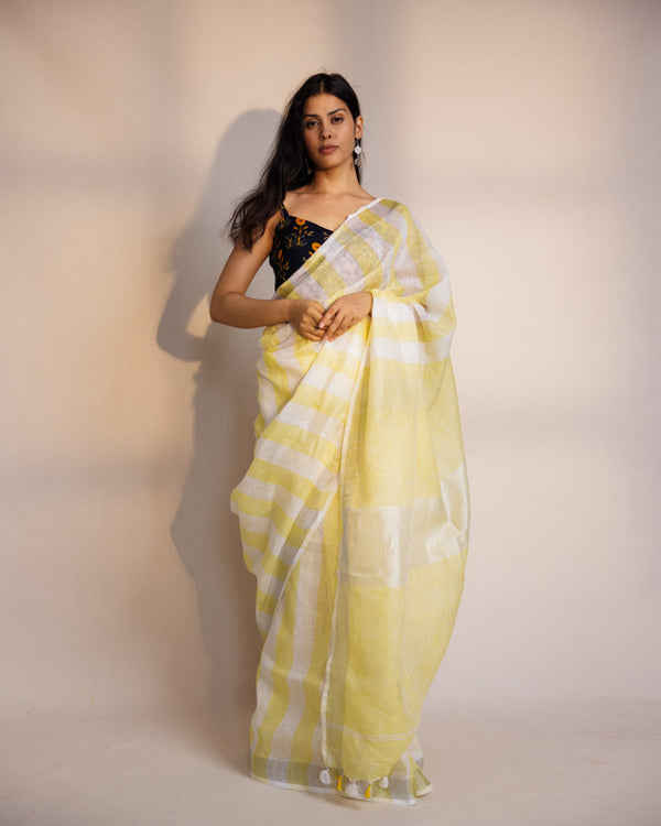 Yellow white stripe linen saree