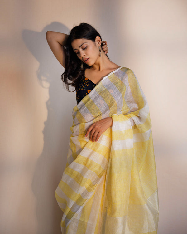 Yellow white stripe linen saree