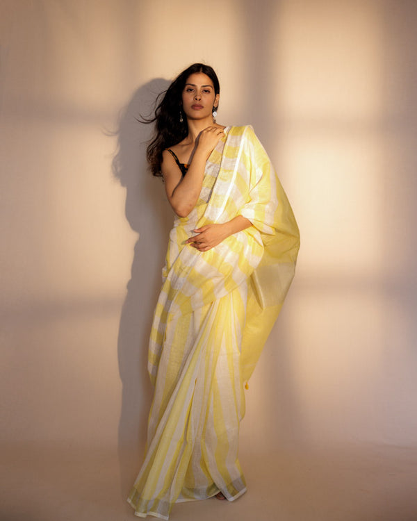 Yellow white stripe linen saree