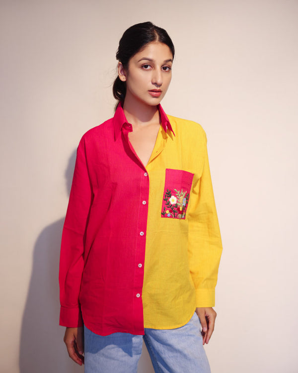 Pink yellow half and half shirt