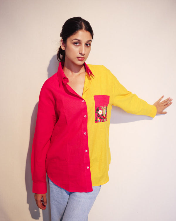 Pink yellow half and half shirt