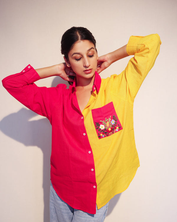 Pink yellow half and half shirt