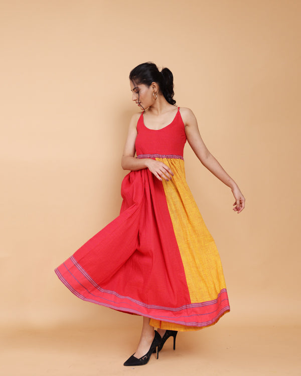 Colour block rani pink and yellow spaghetti dress