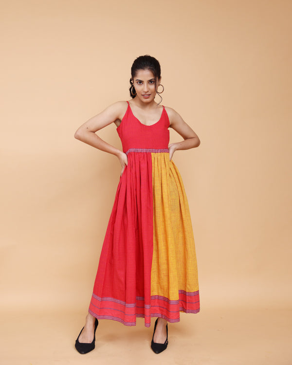 Colour block rani pink and yellow spaghetti dress
