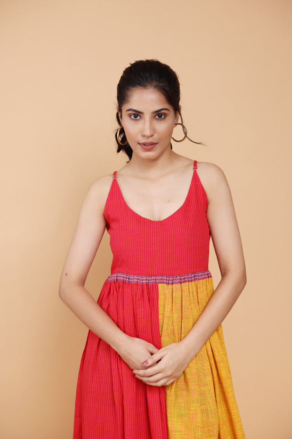Colour block rani pink and yellow spaghetti dress