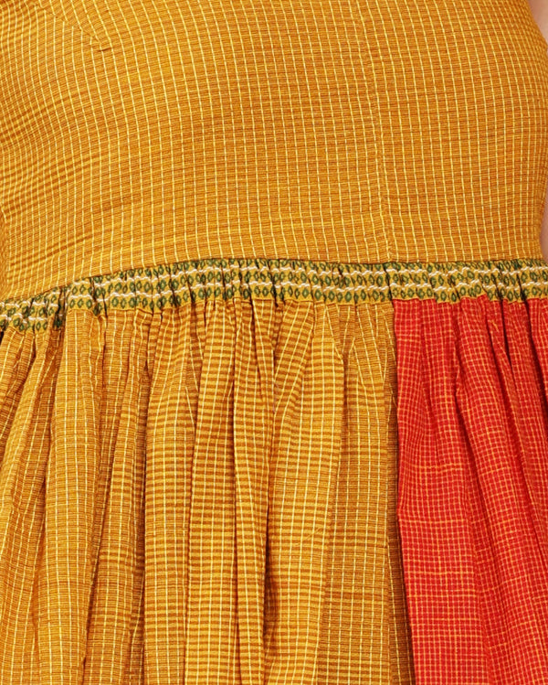 Colour block mustard and rust spaghetti dress