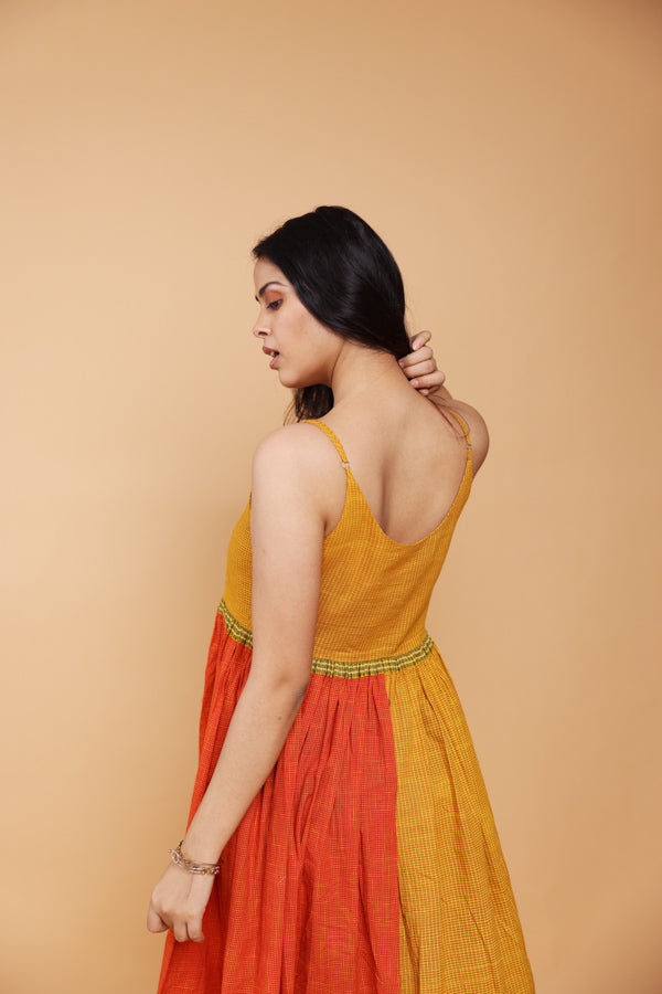 Colour block mustard and rust spaghetti dress