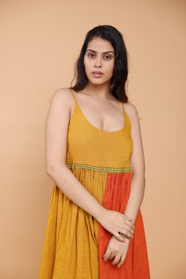 Colour block mustard and rust spaghetti dress