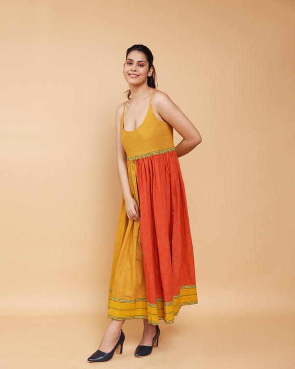 Colour block mustard and rust spaghetti dress
