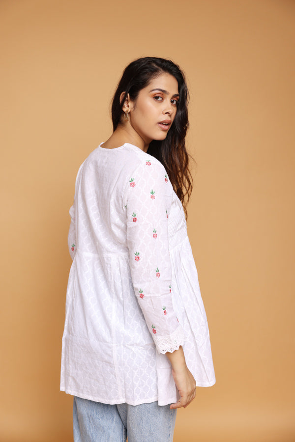 White cotton dobby flair top
