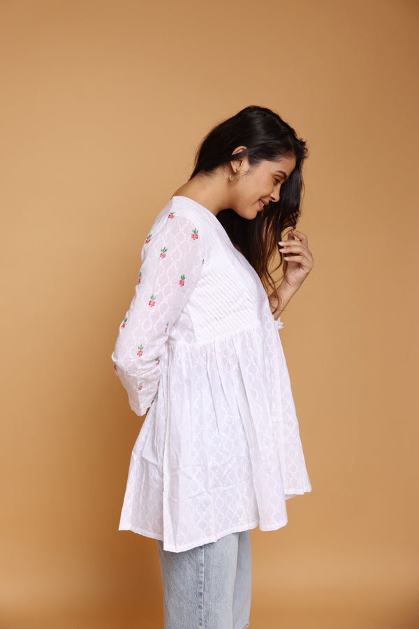 White cotton dobby flair top