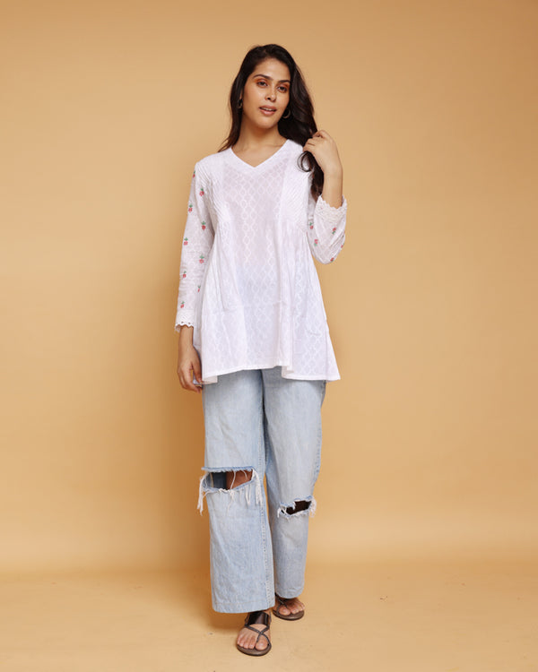 White cotton dobby flair top