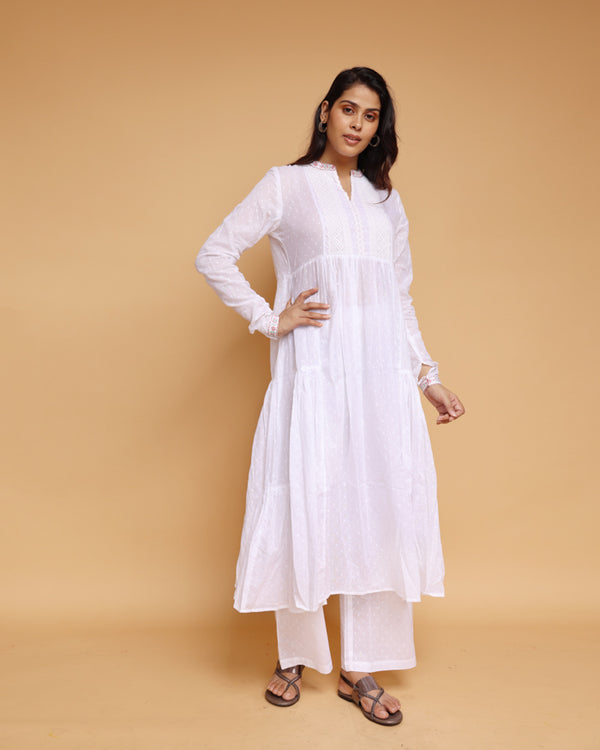 White Cotton dobby embroidered flare kurta pant Co-Ord Set