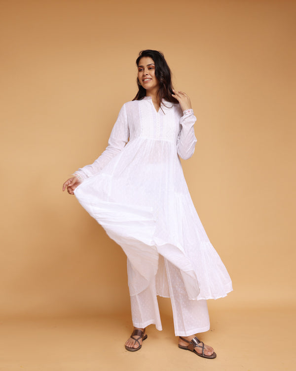 White Cotton dobby embroidered flare kurta pant Co-Ord Set