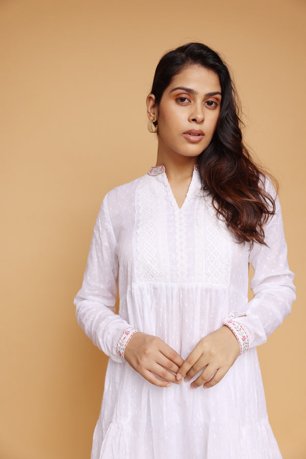White Cotton dobby embroidered flare kurta pant Co-Ord Set