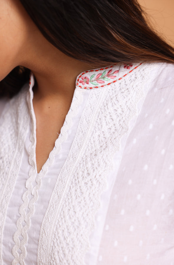 White Cotton dobby embroidered flare kurta pant Co-Ord Set