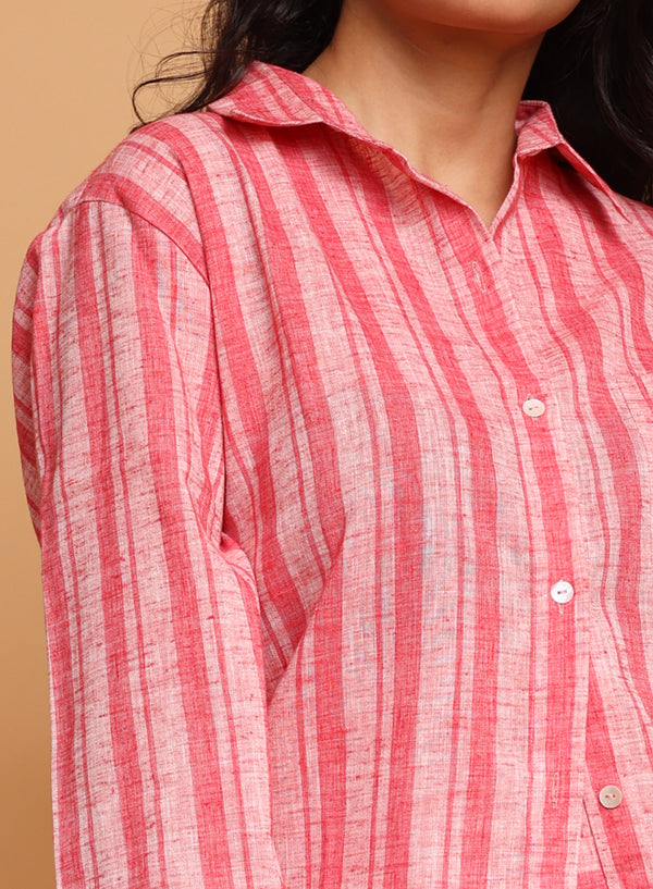 peach white stripes cotton poly shirt and shorts Co-ord set