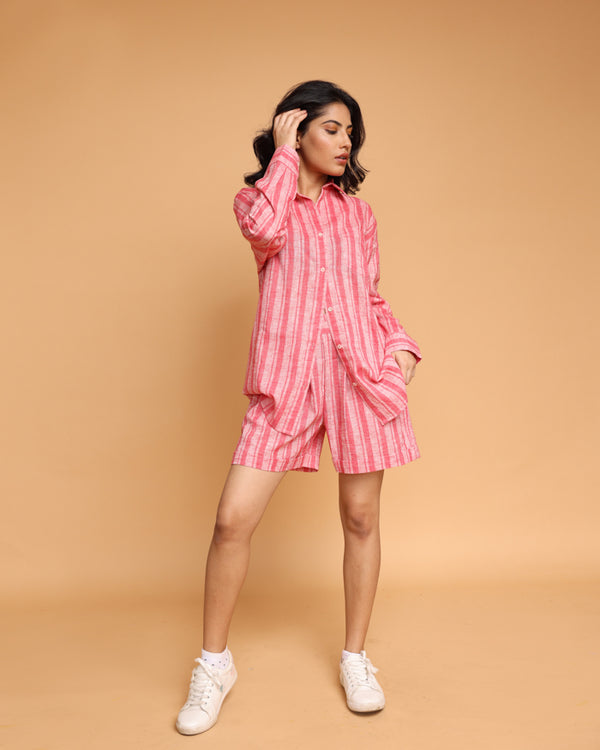 peach white stripes cotton poly shirt and shorts Co-ord set