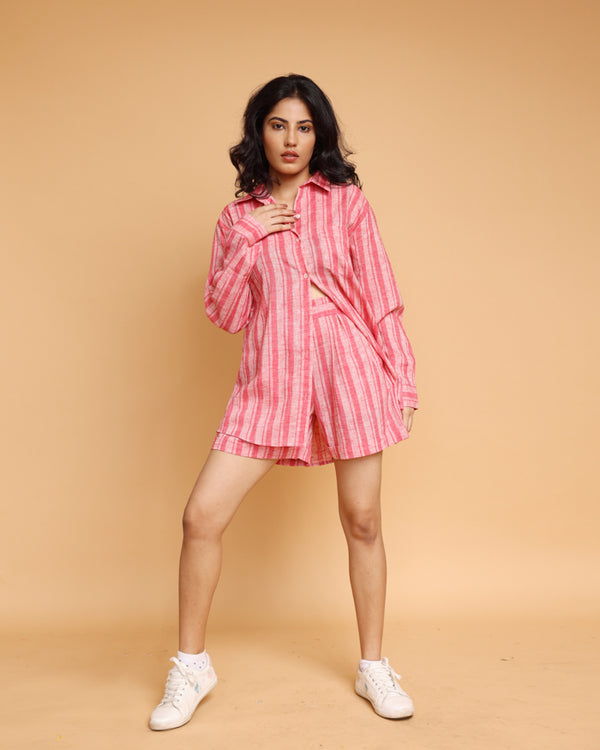 peach white stripes cotton poly shirt and shorts Co-ord set