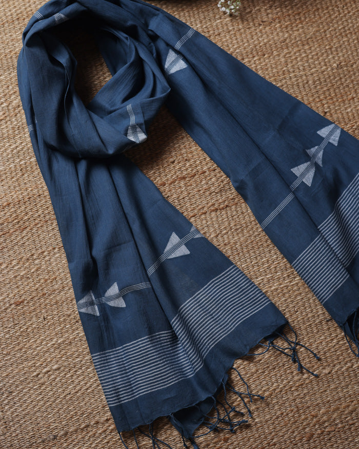 Blue - Handloom Cotton Burdwan Jamdani Stole with Tassels 12 main image 1