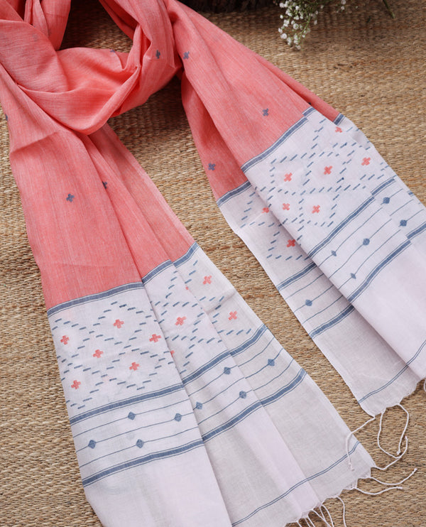 Peach 0ff-white Jamdani stole