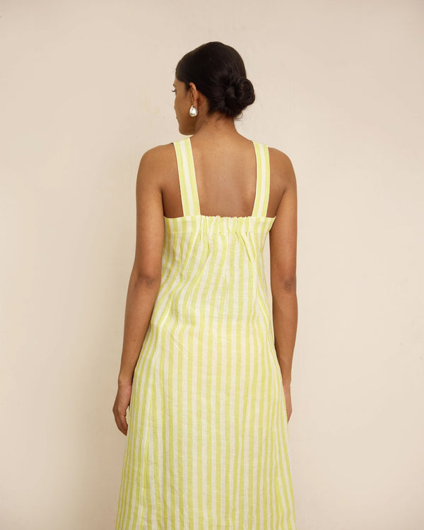 Green linen stripe dress