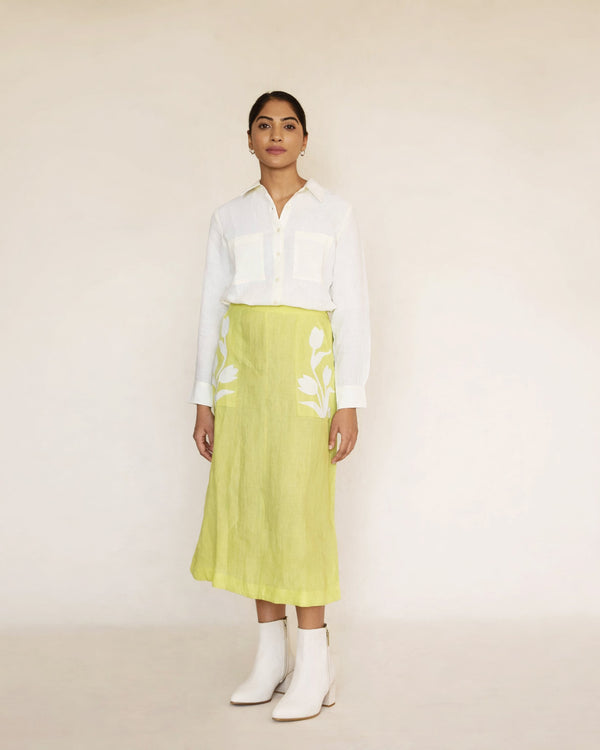 Green skirt and off white linen shirt set