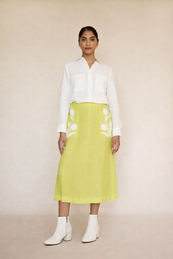 Green skirt and off white linen shirt set