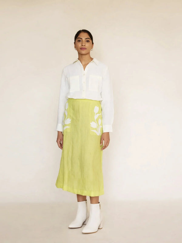 Green Skirt & Off-White Linen Shirt Set