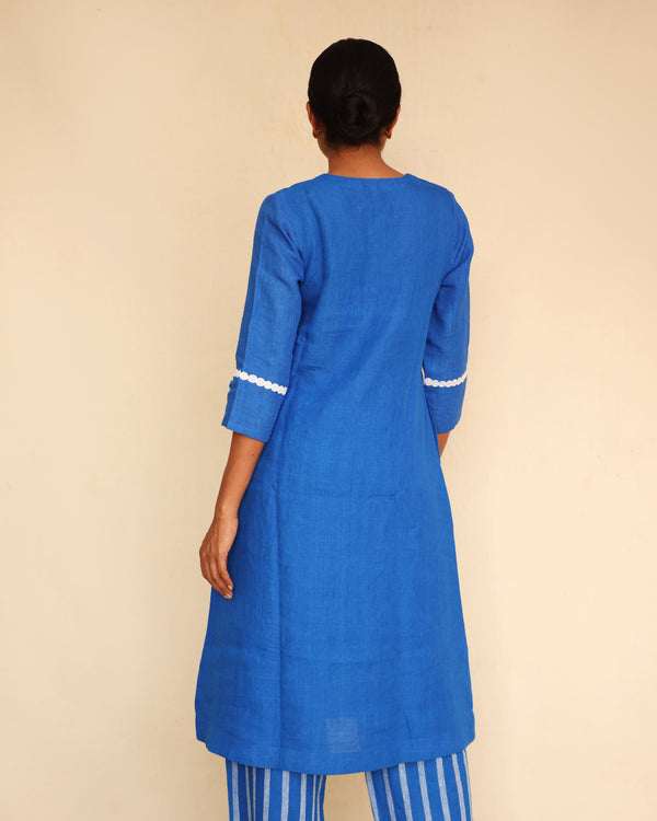 Blue linen Applique kurta set